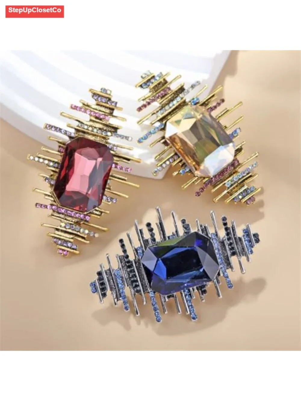 Vintage Rhinestone Brooch Pin Geometric Lapel Brooch for Women